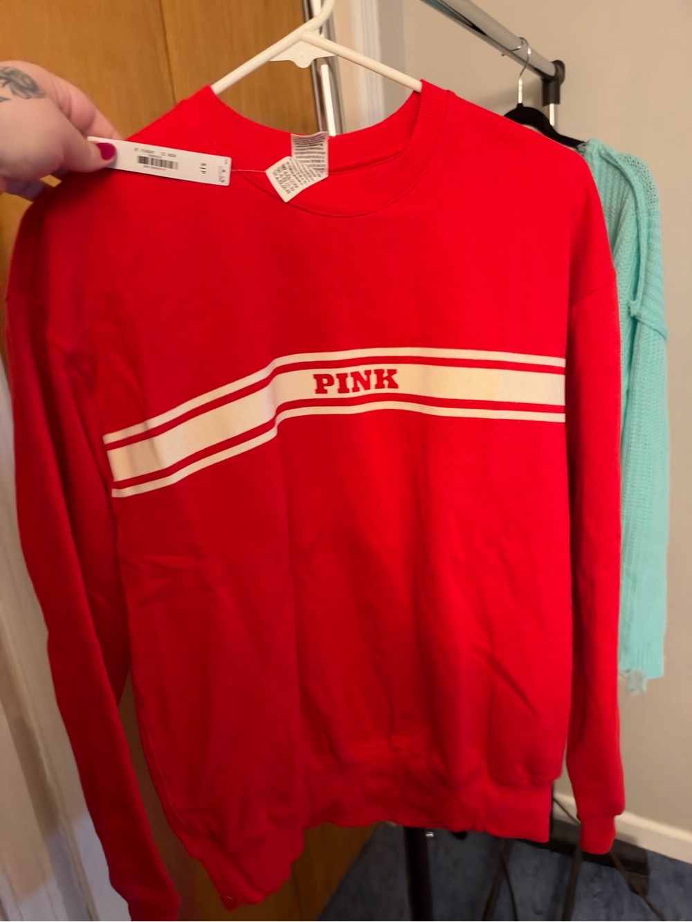 PINK Victoria's Secret Red Crewneck with White Stripe Logo